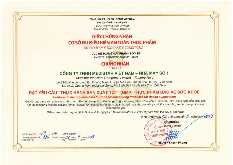 chứng nhận GMP Medistar Việt Nam