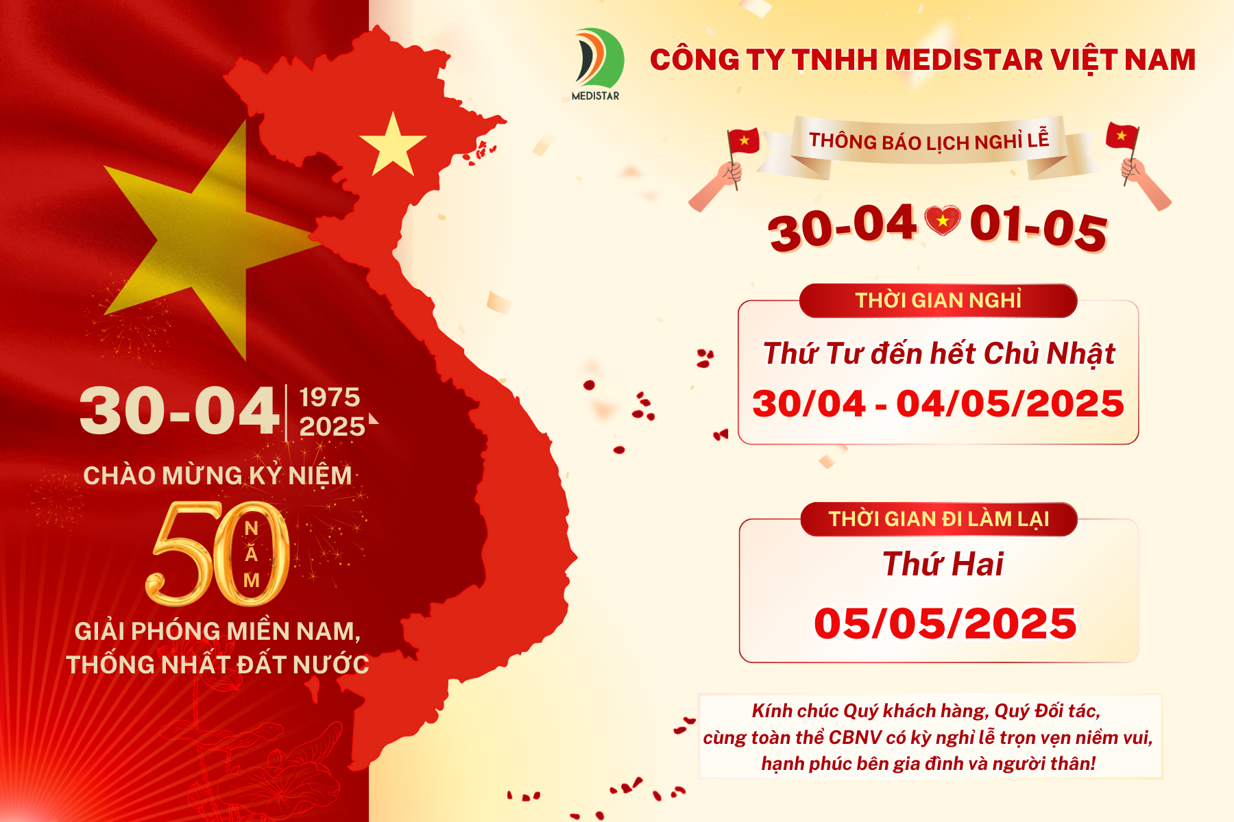 Medistar thông báo nghỉ lễ 30/4