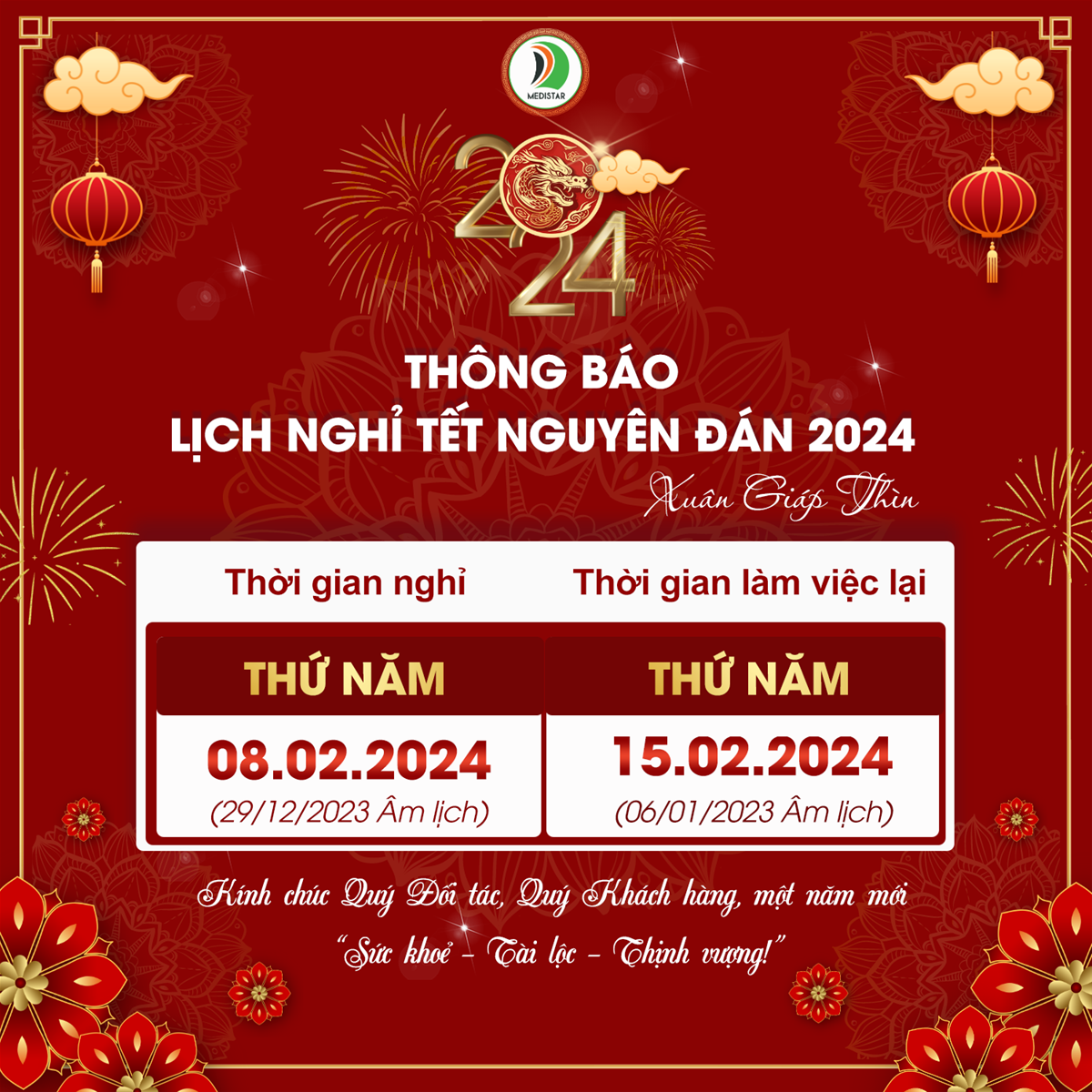 lịch nghỉ tết nguyên đán 2024 Medistar Việt Nam