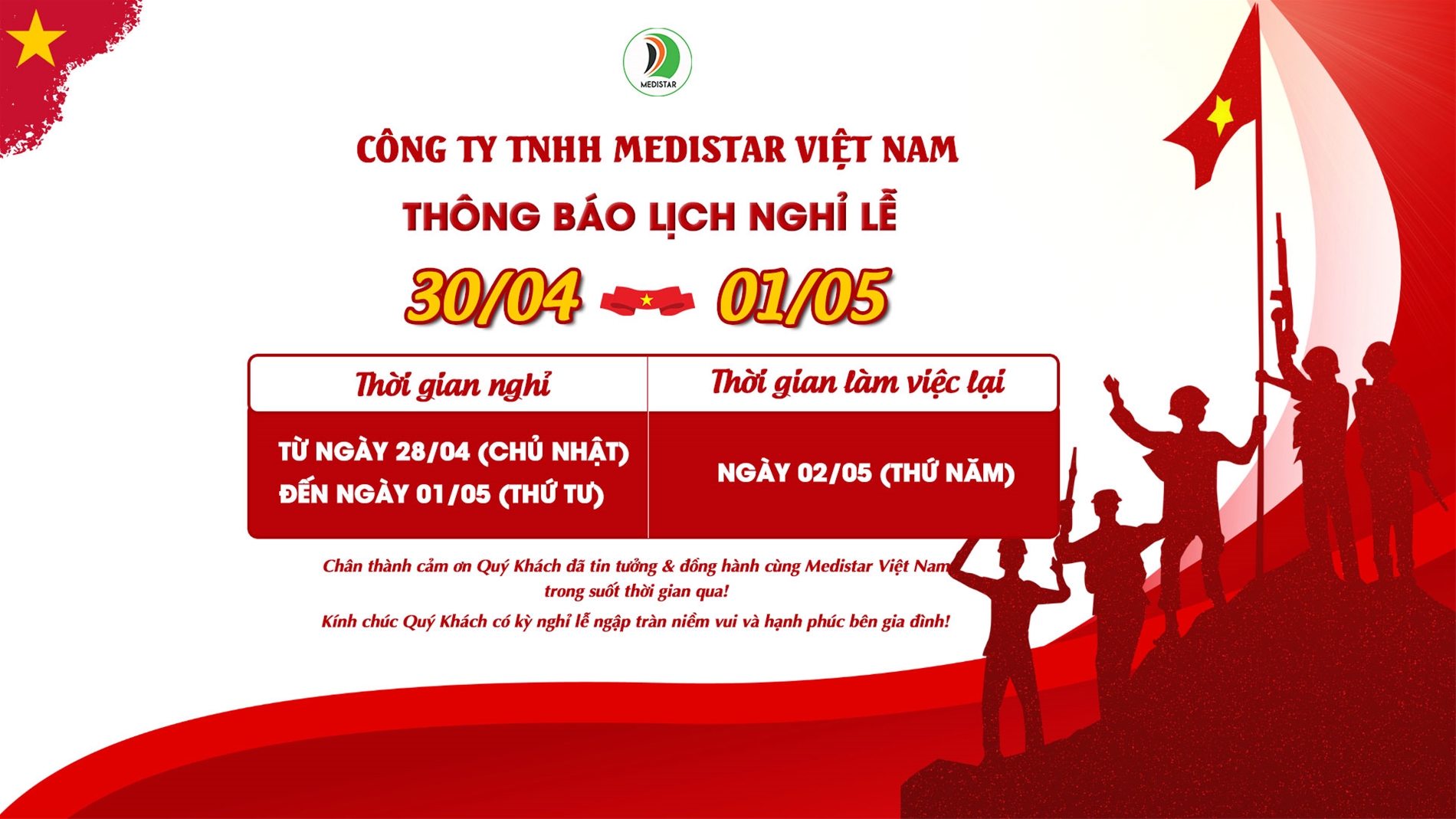 lịch nghỉ lễ 30/04 - 1/5 Medistar Việt Nam